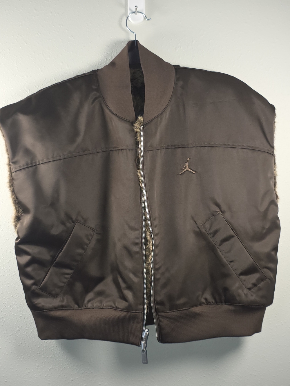 Jordan Brown Satin Bomber Vest with Fur Lining